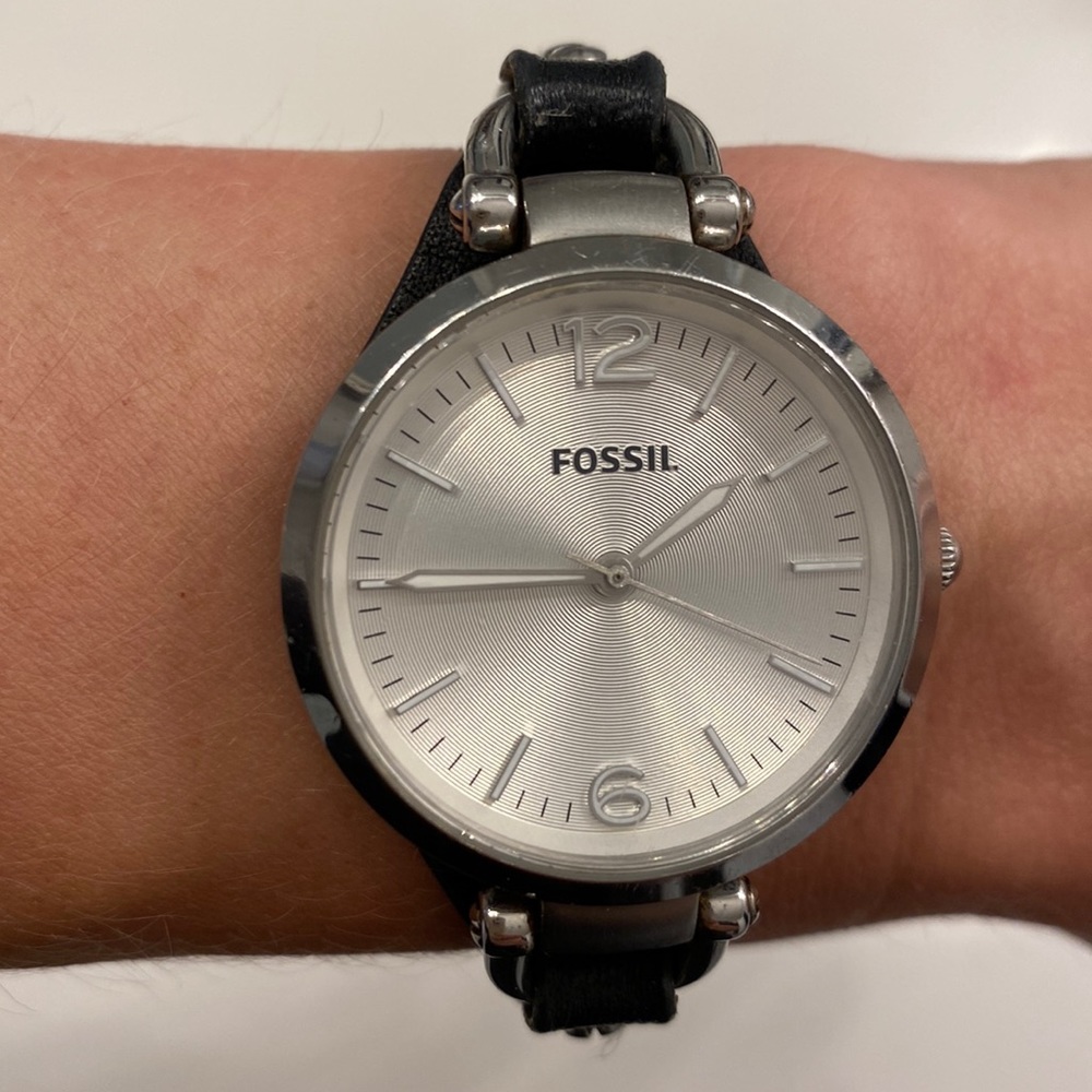 Black Leather Fossil Watch Silver Dial - Georgia Style
